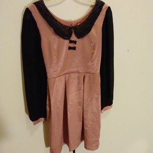 Charming Silk Pink & Black Miss Patina Dress w/ Peter Pan Collar & Bows